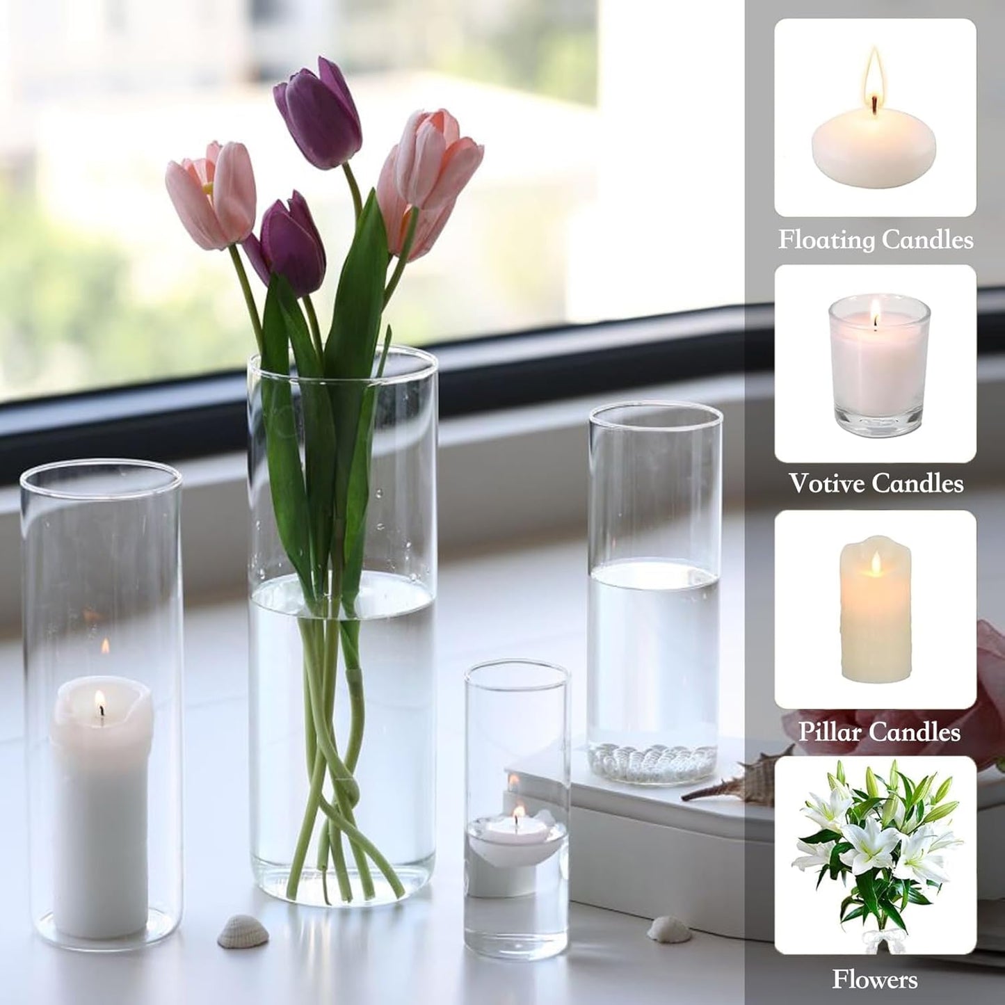 PHOSPHOR 24 PCS Glass Candle Holder - Hurricane & Pillar Candle Holder, Clear Glass Cylinder Vase for Centerpieces, Wedding & Party Decoration