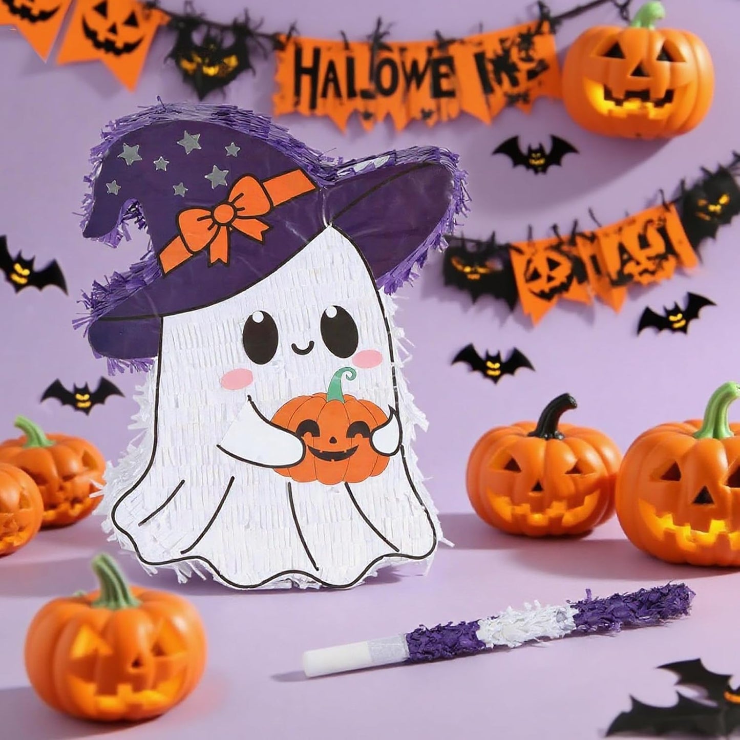 Halloween Ghost Pinatas Bundle with a Blindfold and Bat (16.5x13.1x4 Inches), Perfect for Birthday Parties Games and Decoration, Halloween Party Cute Ghost Pinata