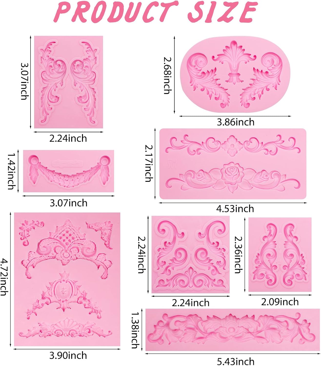 Baroque Scroll Pattern Silicone Craft Molds Border Decorative Silicone Moulds for Crafting polymer clay Fondant Chocolate 8-Piece Set