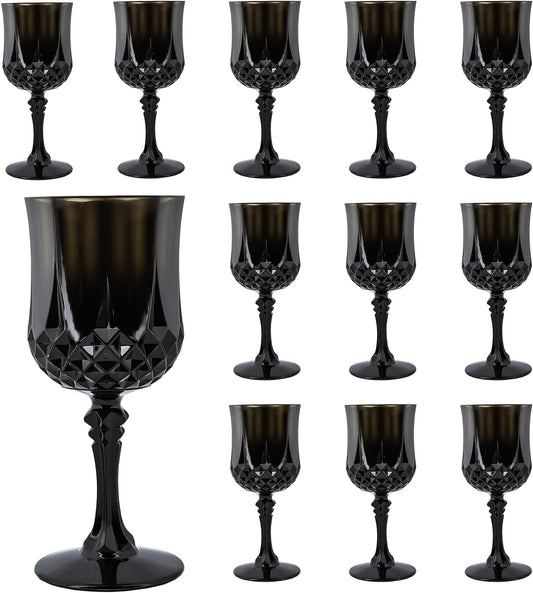 Plastic Wine Glasses，Plastic Goblets Vintage Style Cordial Drinking Glasses for Wedding Reception, Halloween Grand Event Party Supplies (12, Black)