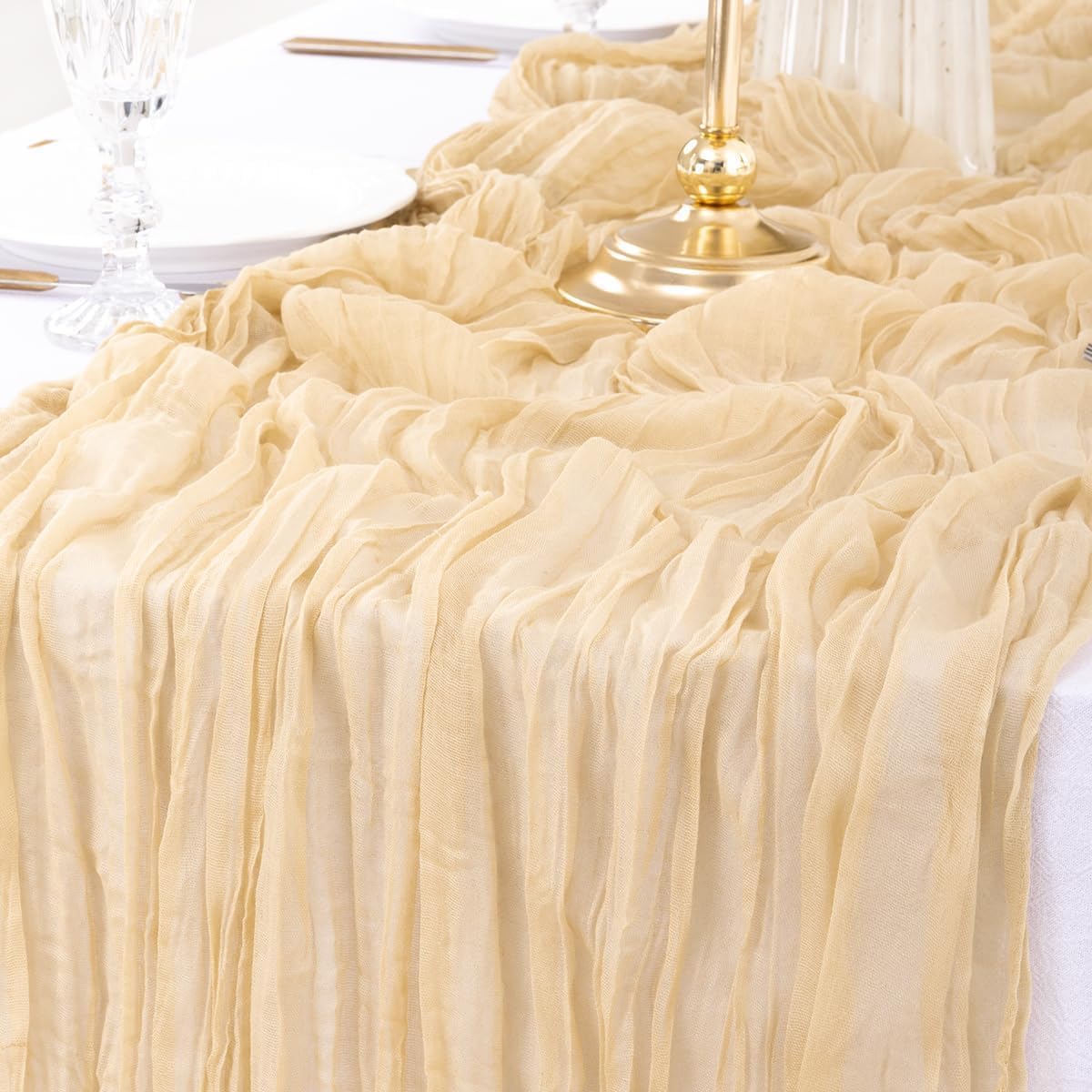 12Pcs Shallow Khaki Cheesecloth Table Runner 120 Inch10FT Champagne Rustic Boho Cheesecloth Table Runnerfor Wedding Party Baby Shower Birthday Home Decor Holiday Decorations