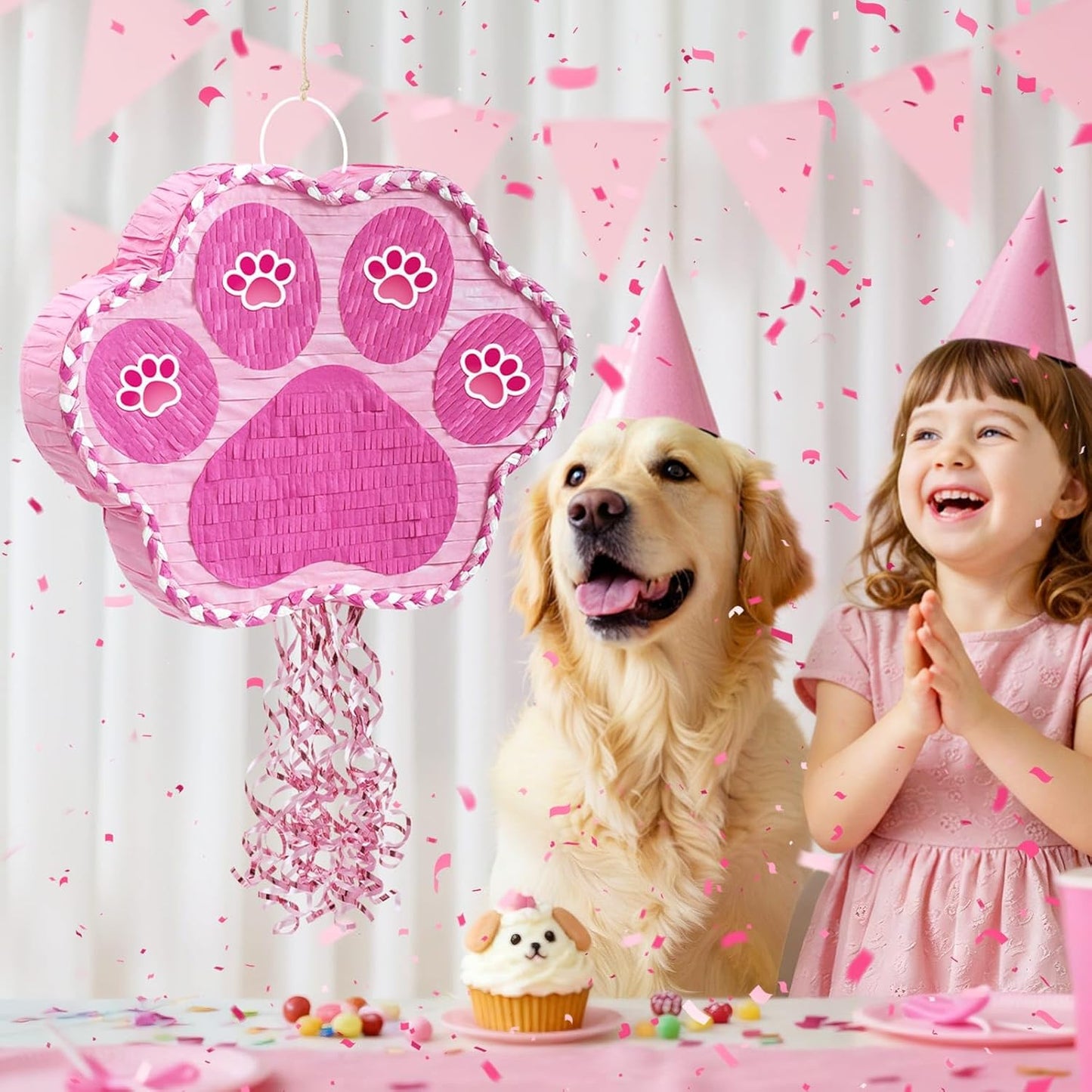 WERNNSAI Pink Dog Paw Pinata - Dog Pinata Pet Theme Party Games Pink Girl Style Puppy Paw Party Decorations Animal Party Supply for Kids Birthday with Blindfold