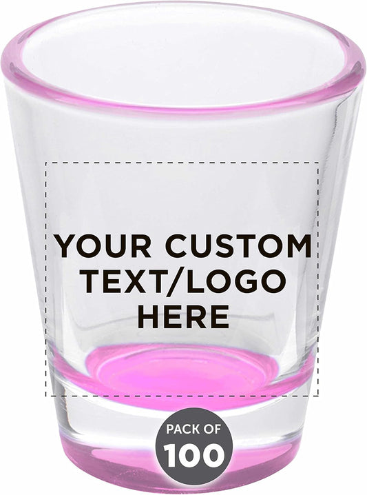 Custom Shot Glasses 1.75 oz. Set of 100, Personalized Bulk Pack - Great for Wedding Favors, Bachelorette Party Decorations, Party Fovors, Color Bottom - Pink