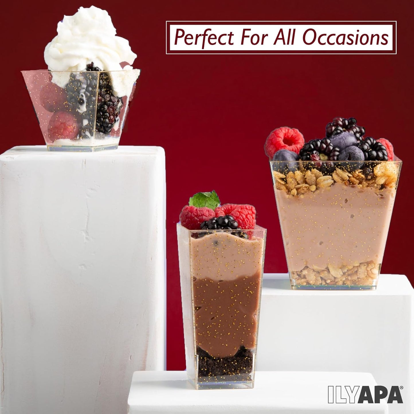 Ilyapa 3oz Plastic Dessert Cups - 100 Pack Mini Dessert Cups with Spoons - Clear Reusable Small Appetizer Cup for Cheesecake Shooters, Chocolate Mousse - Party and Catering Supplies - Square Silver