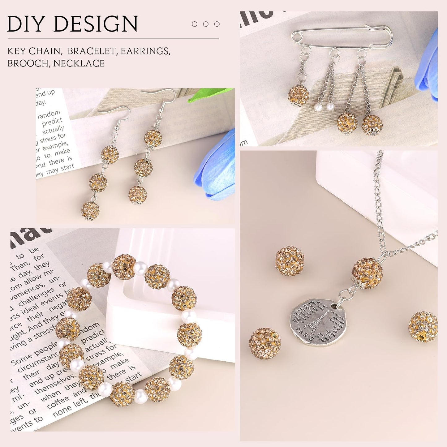 100 pcs 10mm Rhinestone Beads for Jewelry Making, Light Brown Shiny Round Shamballa Disco Beads Bulk, Sparkle Crystal Clay Christmas for Bracelet Baseball Necklace Earring Crafting and DIY