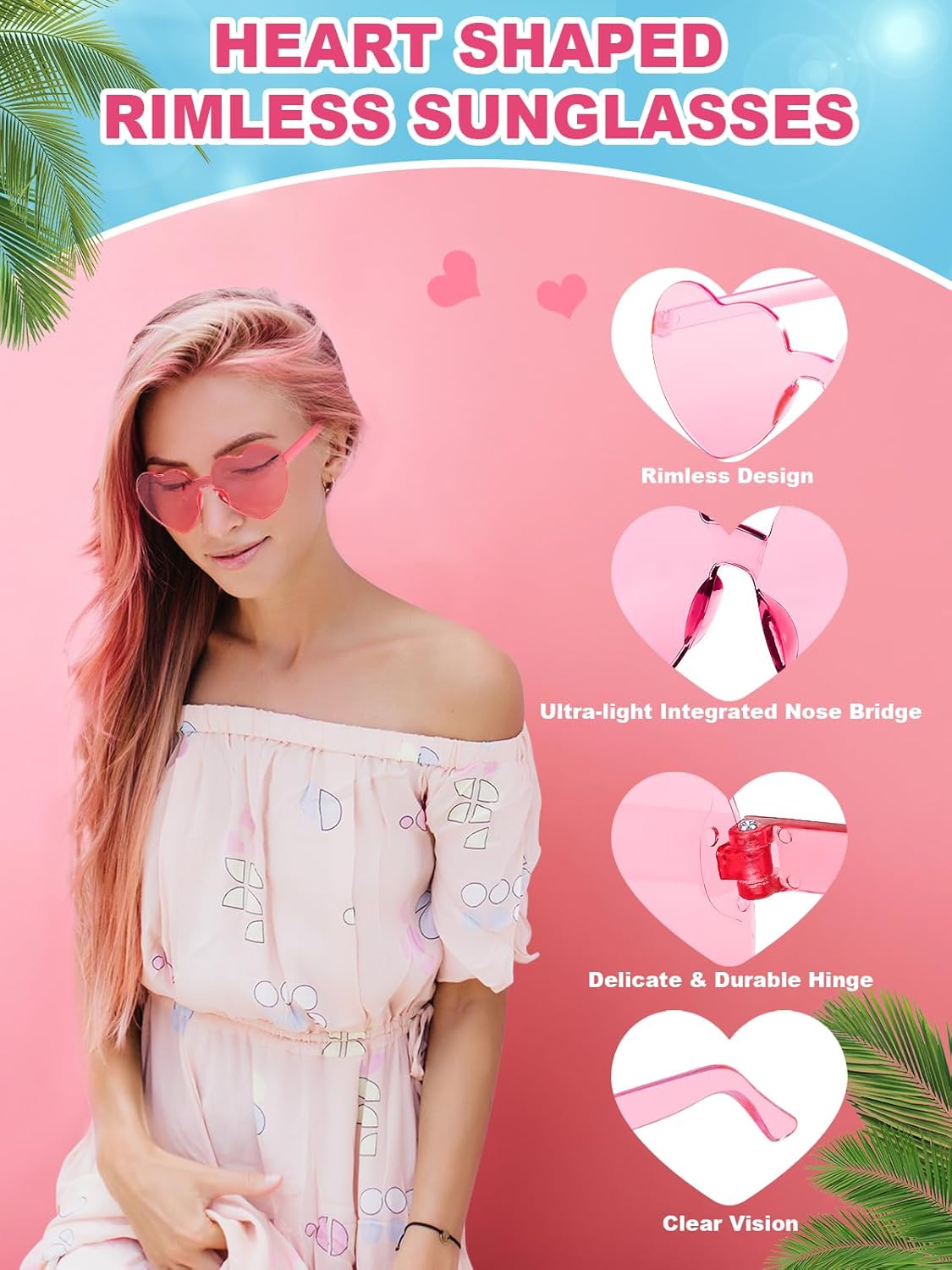 12 Pairs Heart Shaped Sunglasses for Women Colorful Glasses Fun Trendy Transparent Heart Sunglasses Party Favor (Pink)