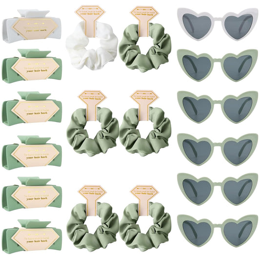 18pcs Bridesmaid Scrunchies Proposal Gifts Bachelorette Hair Claws Clips Girls heart sunglasses for Wedding Party Favors(White&Green)