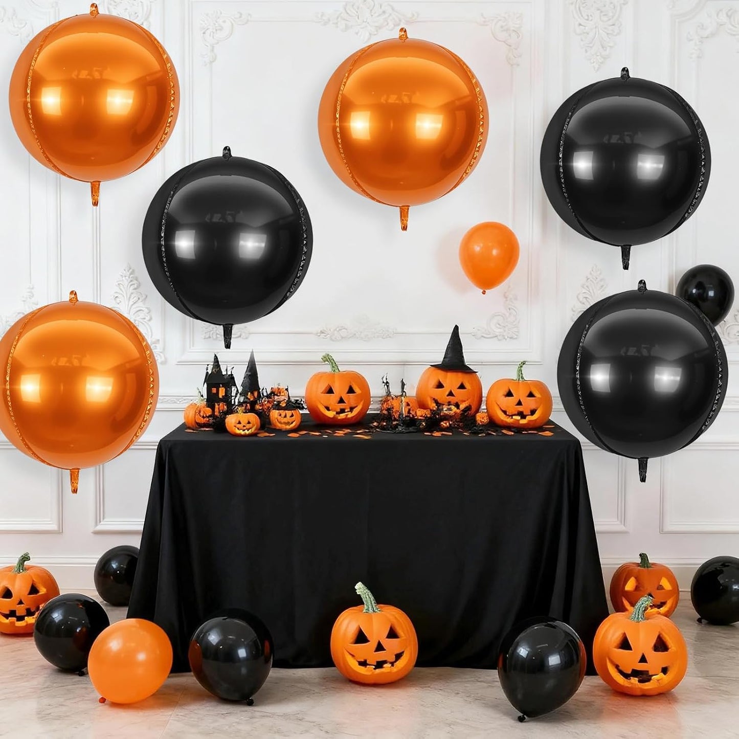 6Pcs Black Orange Round Foil Balloons,Giant 4D Round Ball Balloon,22 Inch Metallic Orange Black Balloons for Halloween Graduation Spooky Party Decorations
