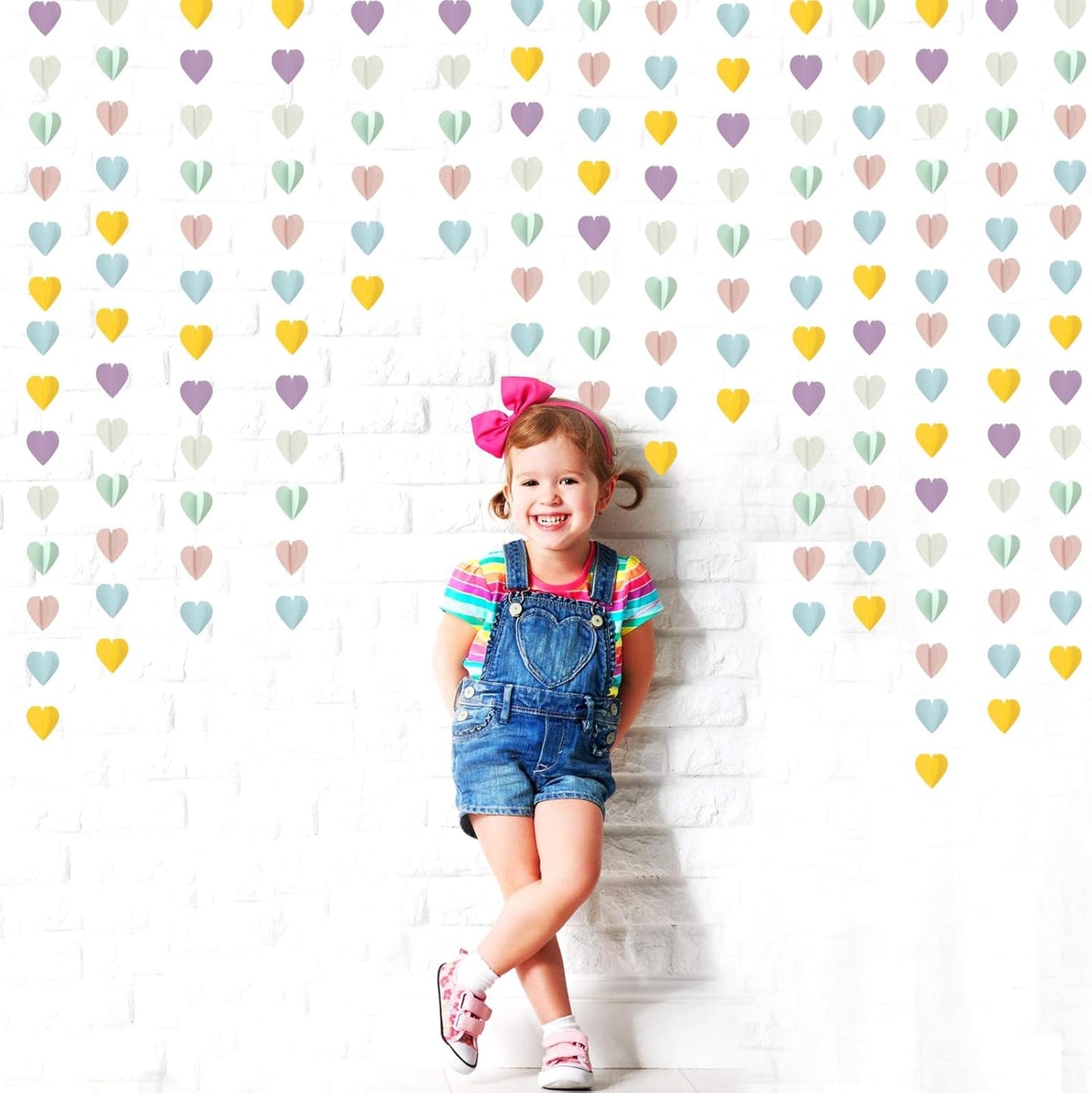 Pastel-Rainbow Party-Decorations 3D Heart Garland - 39Ft Yellow Blue Pink Purple Mint Hanging Paper Streamers Banner, Engagement Wedding Bachelorette Baby Bridal Shower Decor Ouruola