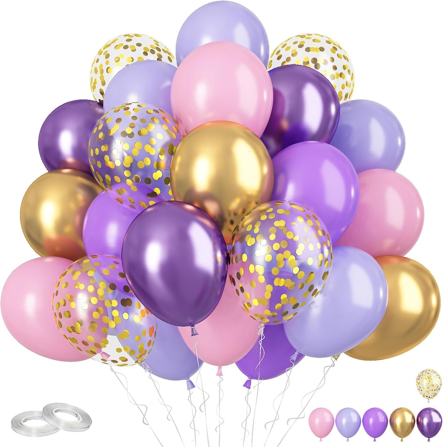 Pink and Purple Balloons, 60Pcs Pastel 12 Inch Metallic Gold Confetti Latex Balloons for Girls Birthday Baby Shower Bridal Butterfly Party Decorations