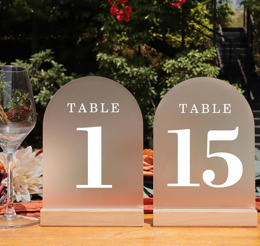 Wedding Table Numbers 1-15, Acrylic Arch Signs with Natural Wood Stands Holders, Rustic Table Decor for Reception & Parties (Frosted White)