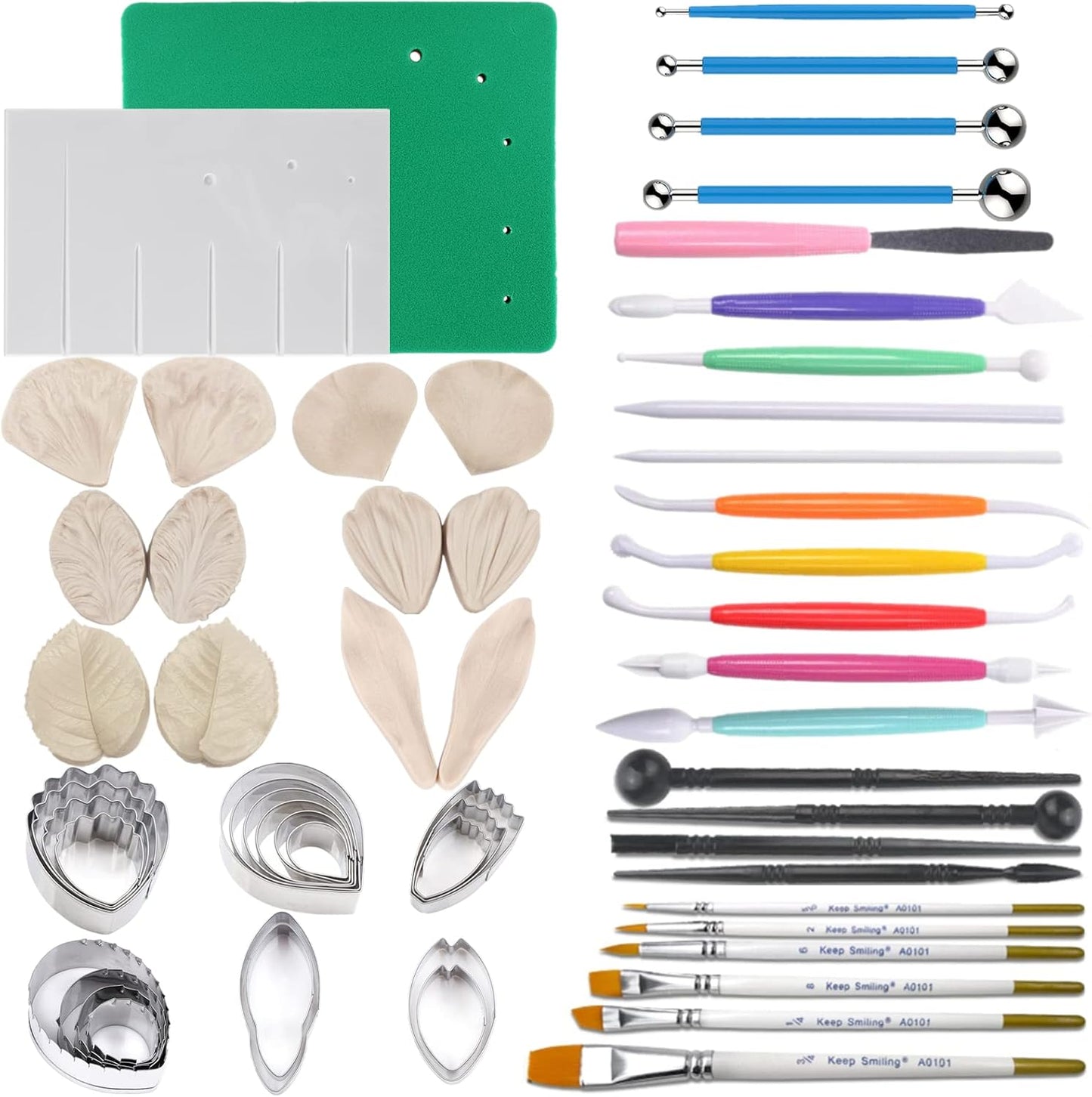 60pcs Gum paste Flower and Leaf Tool 6set Fondant Flower Silicone Molds 6set Gum Paste Cutter 20pcs Sugar Paste Modelling Tool 6pcs Brushes 1pcs Petal Leaves Veining Board Foam Pad