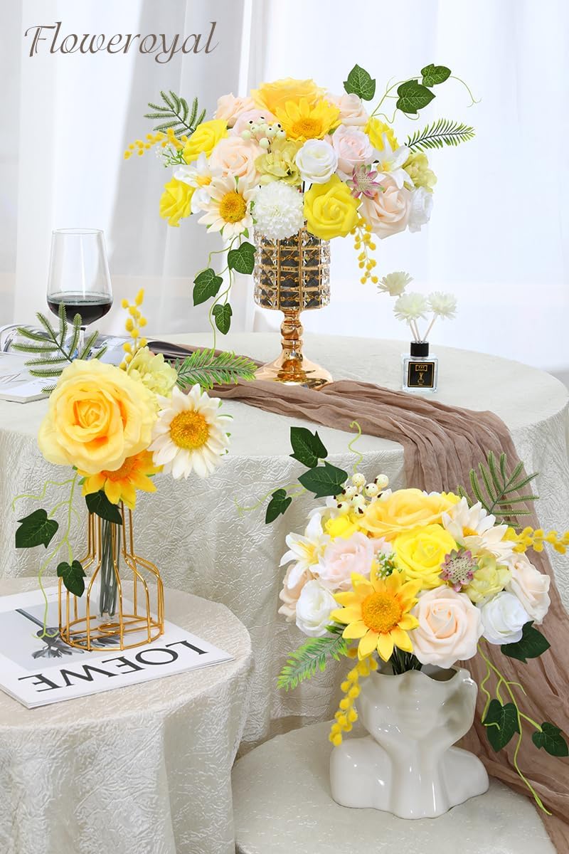 Floweroyal Artificial Flowers Combo Yellow Flowers Mix Silk Flowers Fake Roses with Stems for DIY Wedding Bridal Bouquets, Baby Shower, Floral Arrangement, Table Centerpieces, Home Decorations