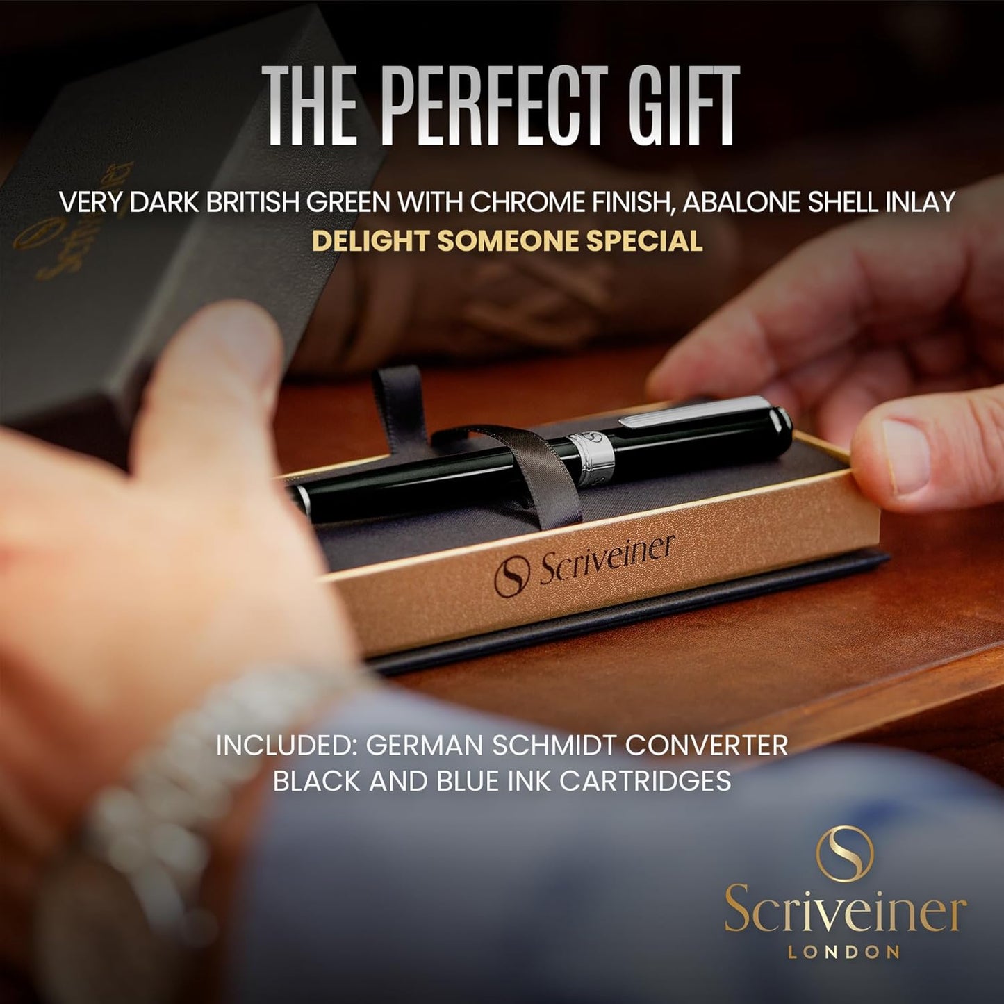 Scriveiner Black Green Fountain Pen - Stunning Luxury Pen with Chrome Finish, Schmidt Nib (Fine), Best Pen Gift Set for Men & Women, Professional, Executive, Office, Nice Pens