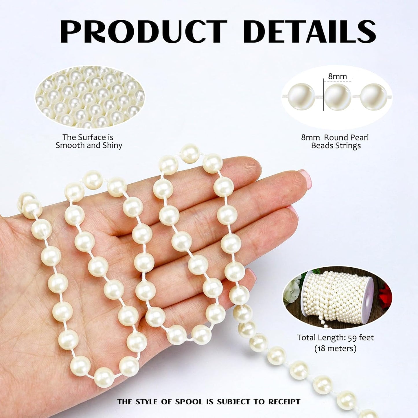 59 Feet 8mm Pearl Strings Garland for Crafts, Artificial Pearl Beaded Trim Chain Roll Strands for Wedding Centerpieces Bouquet Party Decoration Christmas Tree Garland, Ivory