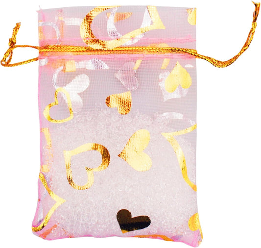 100 Pack 2.8 x 3.5 Inch Flower Heart Organza Jewelry Gift Pouch Candy Pouch Drawstring Wedding Favor Bags B511S (pink gold heart)