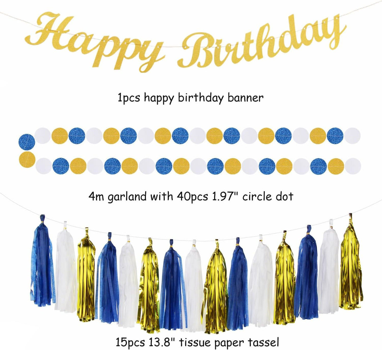 Royal-Navy Blue White Happy-Birthday Party-Decorations - 31pcs Men Women Boys Girl Paper Lanterns Streamers Banner,Gold Tissue Flowers Pom Poms Fans Tassels Graland Decor Supplies Hugmoon