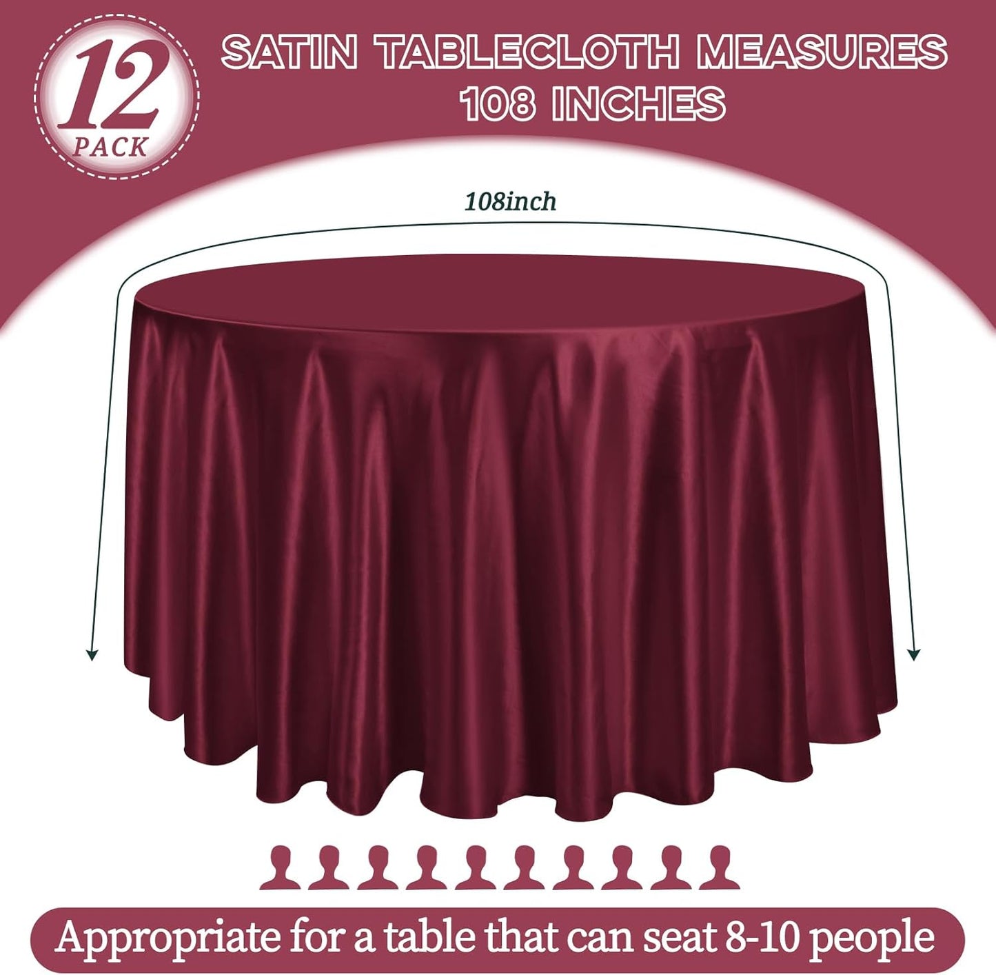 12 Pack 108 Inch Burgundy Satin Tablecloth - Silky Round Tablecloth Overlay Smooth Fabric Table Cover, Bright Table Decoration for Wedding Party Banquet Events Restaurant Kitchen Dining