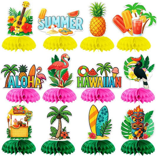 12Pcs Summer Honeycomb Hawaii Table Centerpieces Luau Aloha Table Toppers Tiki Honeycomb Centerpieces Tropical Flamingo Table Decorations for Beach Pool Luau Birthday Wedding Party