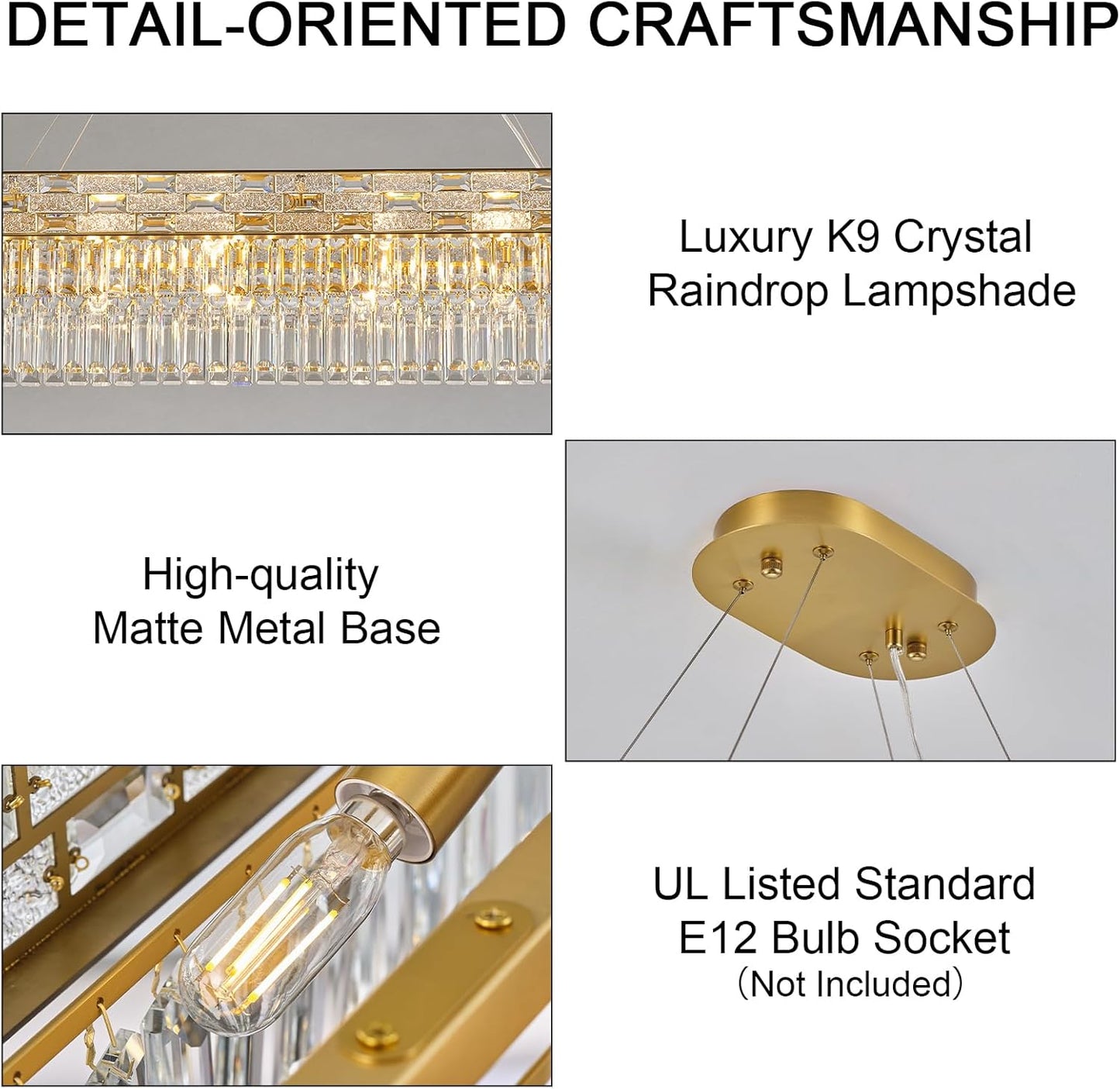 Crystal Chandeliers, 49.2" 18-Light Gold Chandelier for Dining Room, Rectangular Chandelier for Kitchen, Living Room Chandeliers, Island Lights Hanging Lights Dimmable