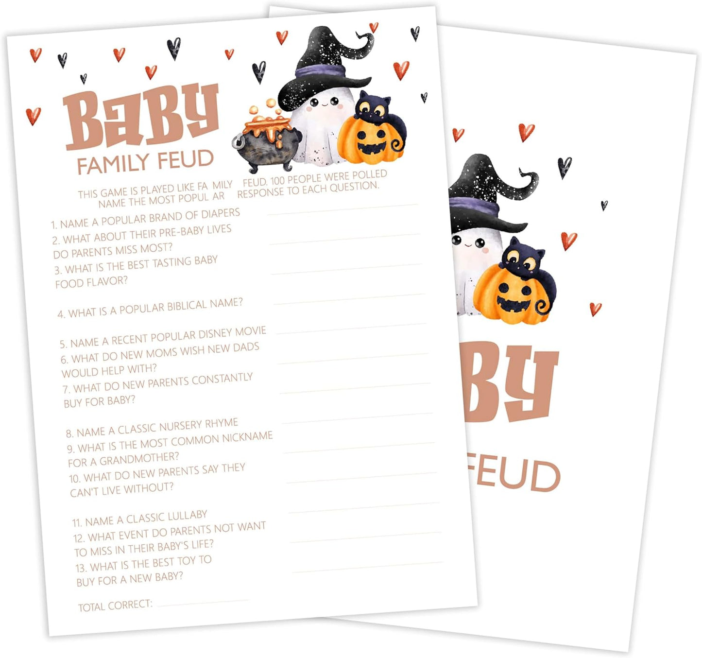 Baby Shower Games, Halloween Baby Family Feud, 25 Double-Sided Game Cards + 1 Answer Card for Gender Reveal Party Decorations Supplies Announcement - B06