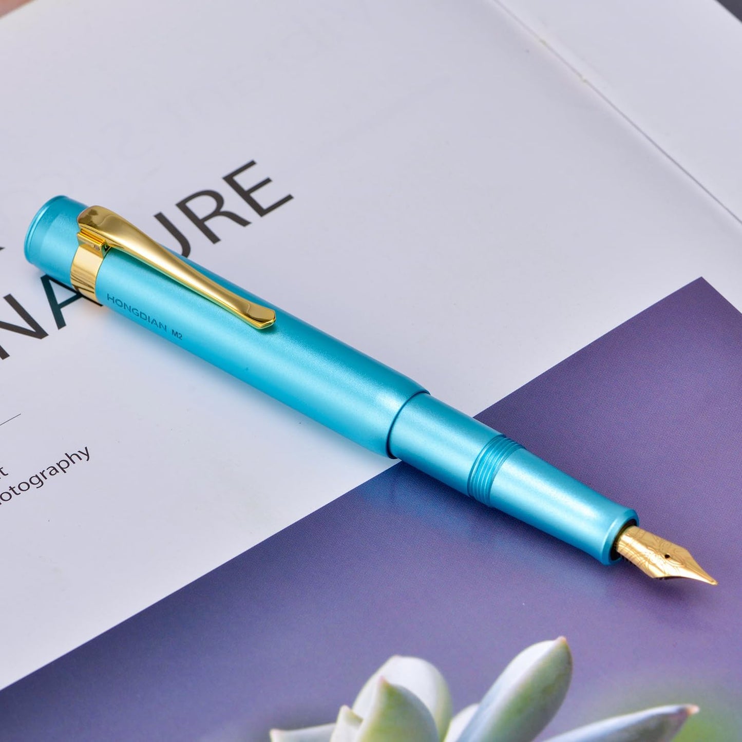 HONG DIAN M2 Black Forest Mini Fountain Pen, Extra Fine Soft Nib & Sleek Shape Aluminium Short Pocket Travel Pen (Lake Blue)