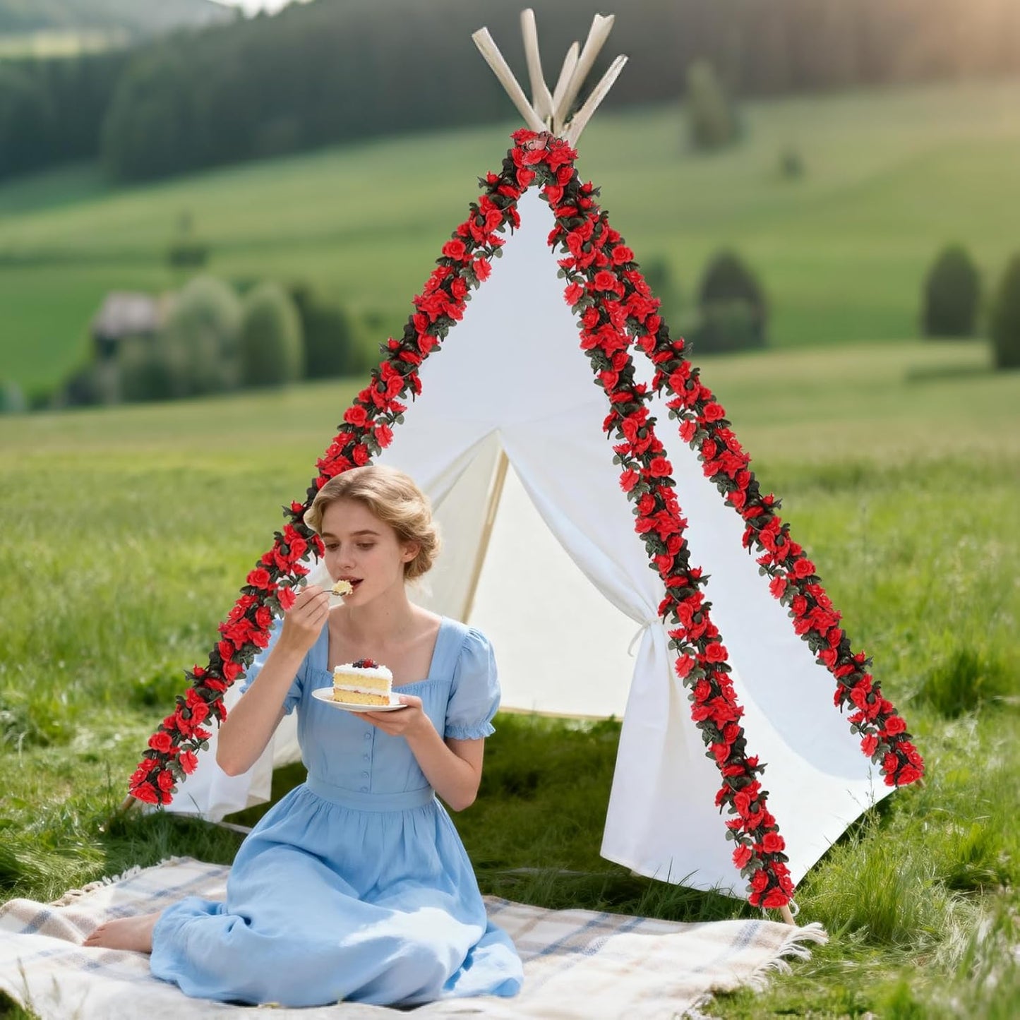 5 Pcs 41FT Flower Garland, Artificial Rose Garland Flowers Plants Fake Flower Hanging Rose Ivy, Birthday Party Valentine's Day Wedding Wall Arch Decor（Red）