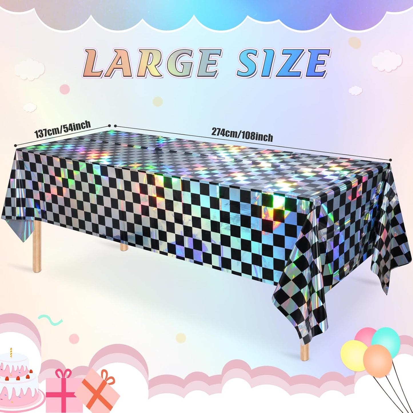 1Pack Black and Iridescent Checkered Plastic Tablecloth, Shiny Disposable Laser Rectangle Table Covers, Holographic Foil Tablecloth Iridescent Party Decorations for Picnic Camping Race Car, 54x108Inch