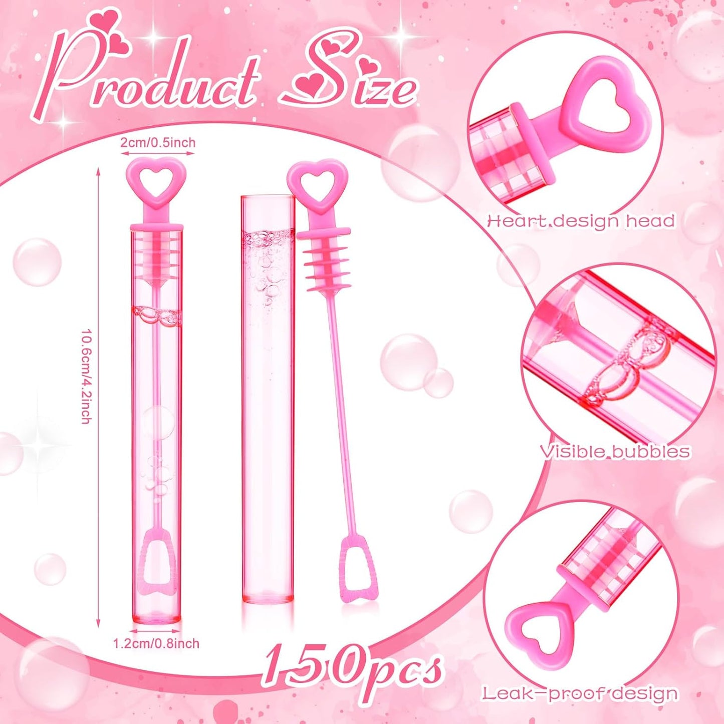 150 Pcs Bubble Wands Bulk for Wedding Party Mini Heart Wand with Bubble Solution for Wedding Bridal Showers Valentine Anniversary Graduation Birthday Supplies (Pink,Single Heart)