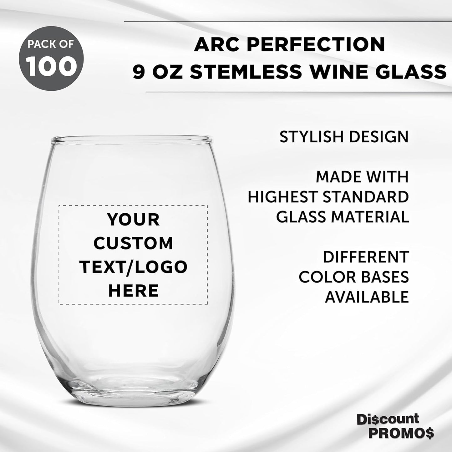 Custom Stemless Wine Glass 9 oz. Set of 100, Personalized Bulk Pack - Great for Wedding Favors, Bachelorette Party Decorations, Party Favors, Color Bottom - Clear