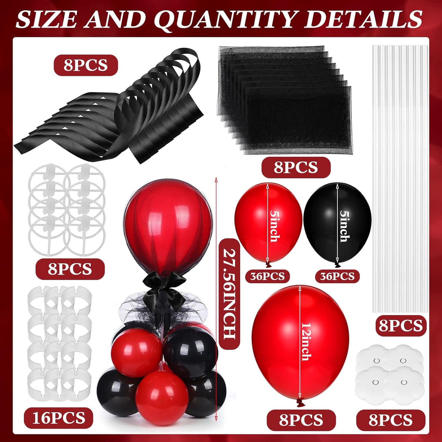 BBTO 8 Set Table Centerpieces Balloons Stand Kit, 80 Pcs Latex Balloons and Table Stand Holder with Base Tulle for Wedding Birthday Baby Shower Party(Black and Pomegranate Red)