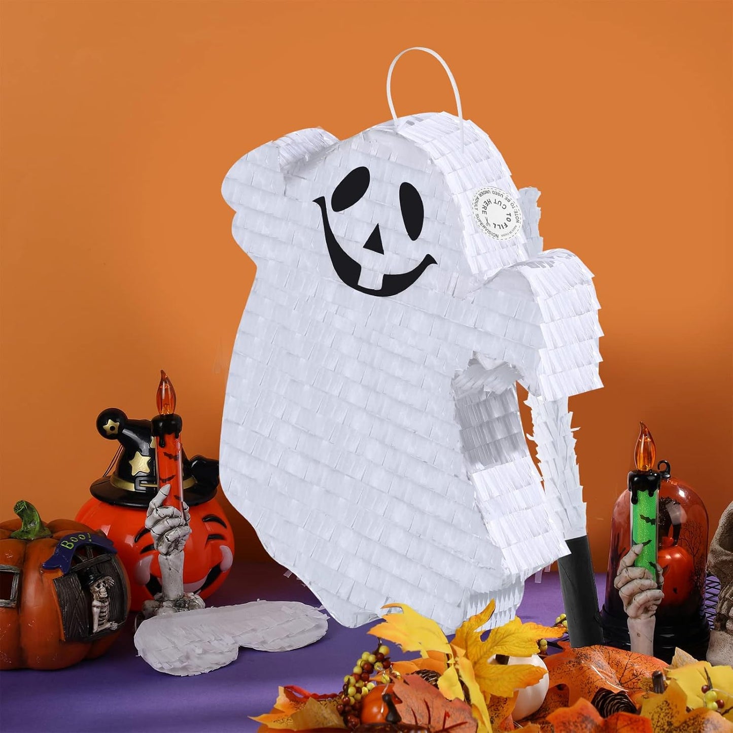Aoriher Halloween Ghost Piñata Spooky White Ghost Piñata with Stick and Blindfold Halloween Hanging Decoration Mexican Piñata for Birthday Game Halloween Party Supplies