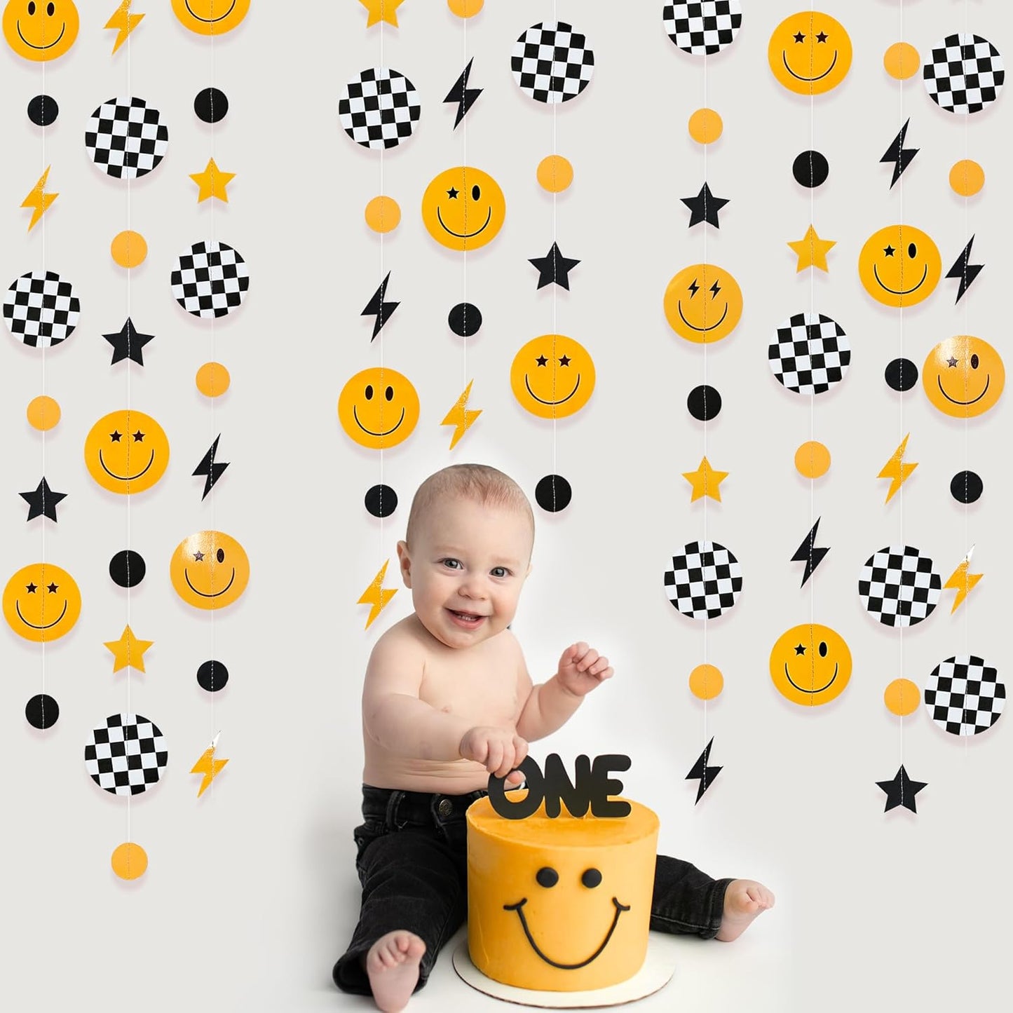 One Happy Dude 1st Birthday Decorations Black Yellow Smile Face Lightning Star Checkered Circle Dot Smiley Face Garland Streamer for Baby Shower First Birthday Wedding Hippie Party Decoration Supplies