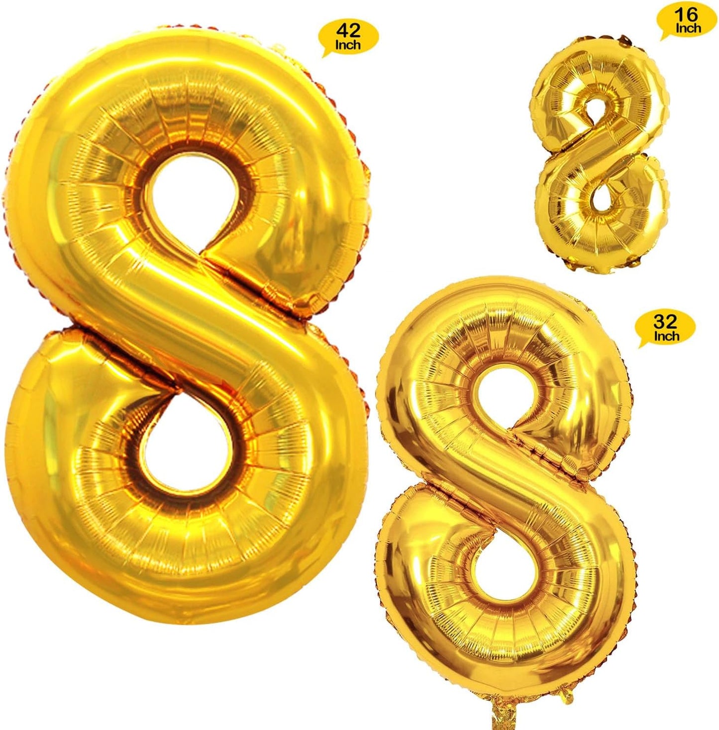 GOER Gold Foil Balloons Number 8,Huge Number Balloons for 8th 18th 28th 38th 48th Birthday Party Supplies Anniversary Decorations (3 pcs,42 inch,32 inch,16inch)