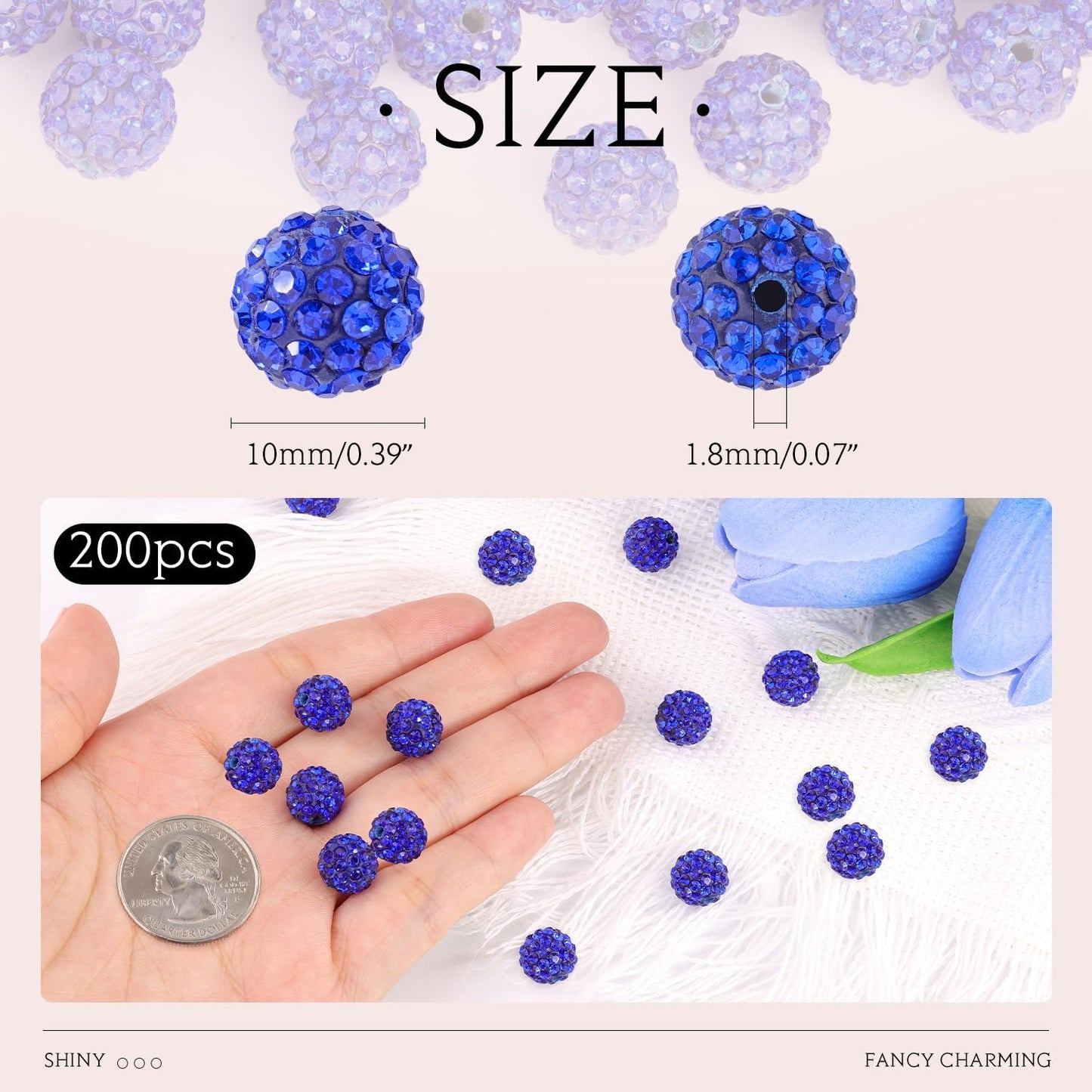 200pcs 10mm Dark Blue Rhinestone Beads for Jewelry Making, Shiny Round Shamballa Disco Ball Beads Bulk, Sparkle Crystal Clay Christmas for Bracelet Baseball Necklace Earring Crafting and DIY