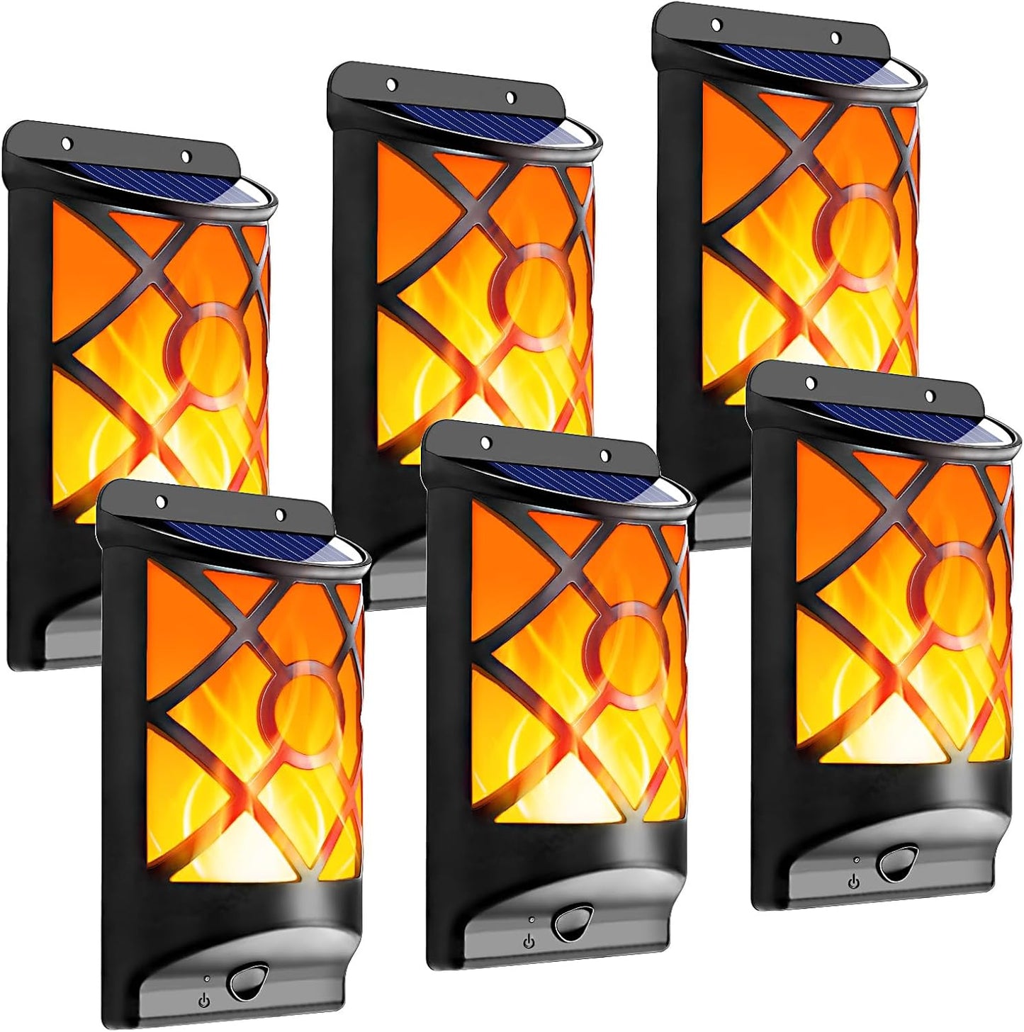 6 Pack Solar Flame Lights Outdoor Waterproof - Realistic 3D Flickering Flame Wall Lantern with 66 Ultra-Bright LEDs - Auto On/Off Fire Effect Lighting for Fence, Patio, Garden Decor