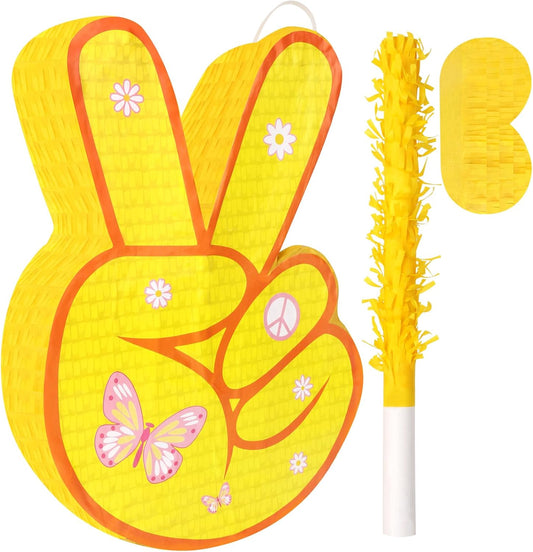 Hippie Pinata with Stick & Hanging Loop Daisy Flower Mexican Pinata Game for Young Wild and Three Party Decorations Girl Groovy Birthday Party Decorations Supplies