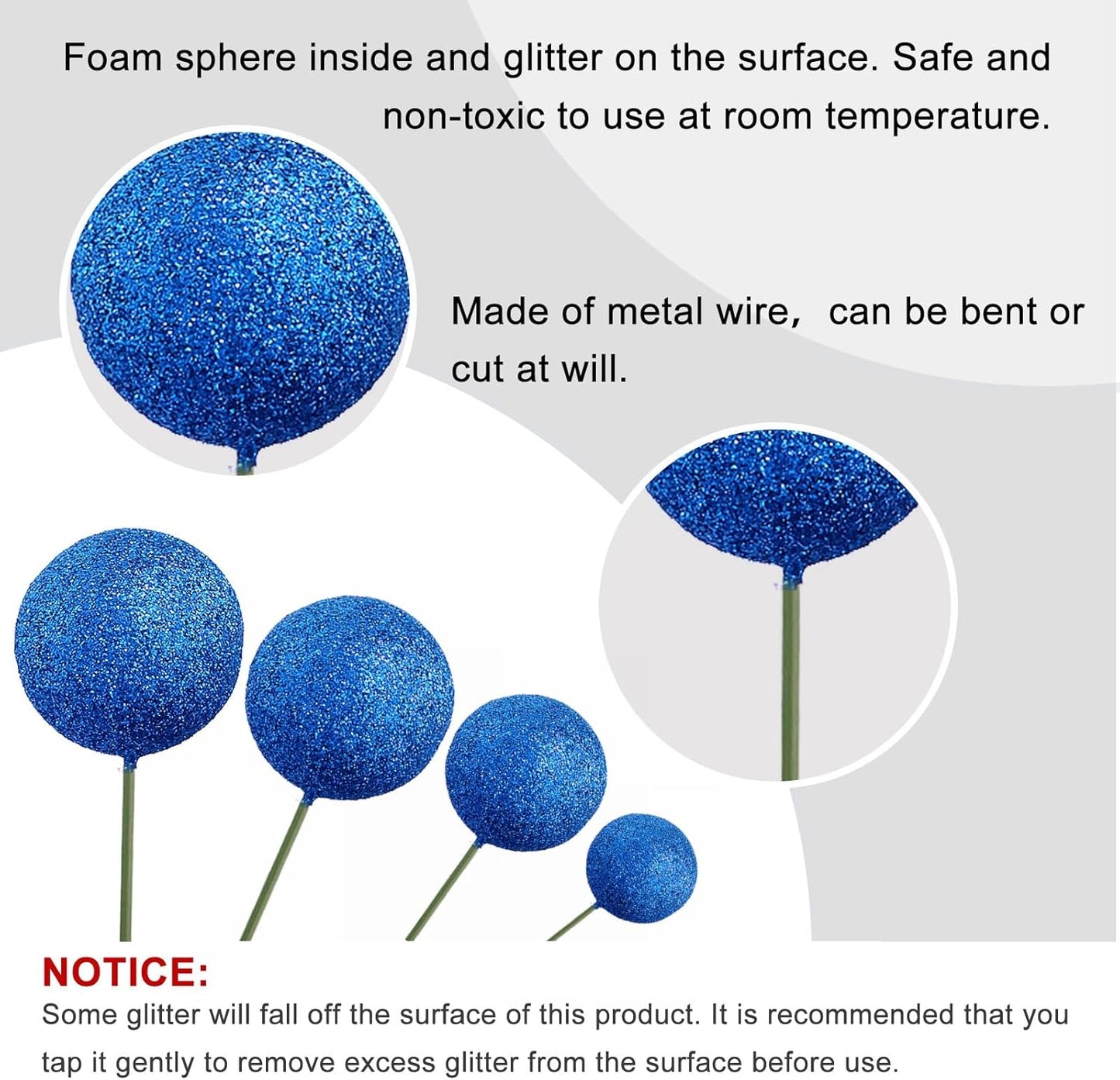 ASTARON 20 Pcs Ball Cake Topper Decorations Mini Cake Balloons Sticks Blue Glitter Cake Topper Balls for Graduation Wedding Birthday Cake Decorations