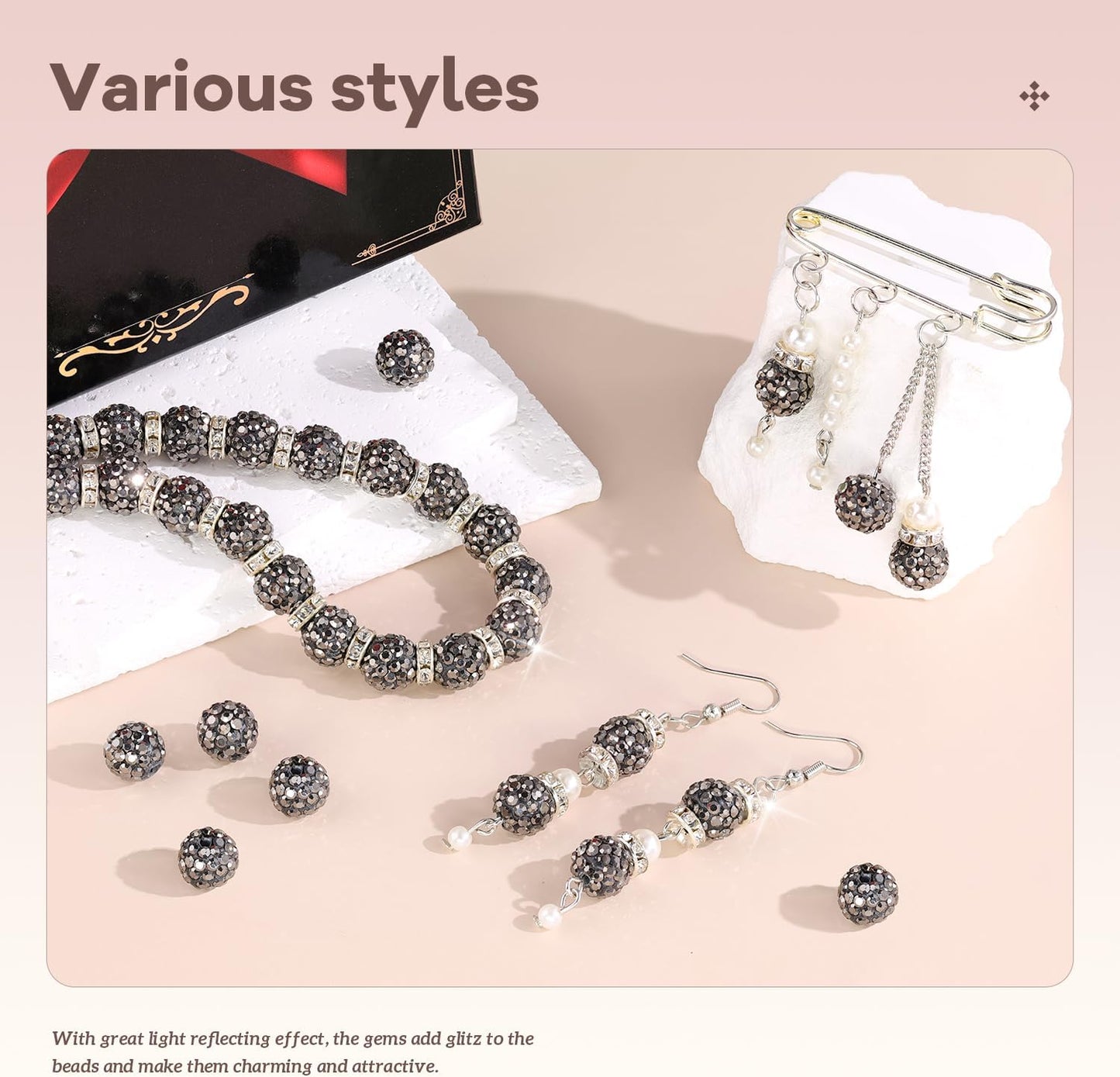 160pcs 10mm Rhinestone Beads for Jewelry Making, Hematite Shiny Round Disco Ball Beads Bulk, Sparkle Crystal Clay Christmas for Bracelet Baseball Necklace Earring Crafting and DIY