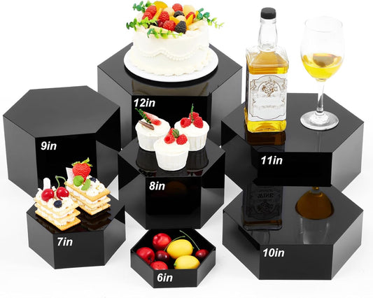 Leinuosen 7 Pcs Large Buffet Risers Set 6" to 12" Acrylic Display Box Catering Dessert Table Riser Food Display Decorative Stand with Hollow Bottom for Catering Supplies (Black, Hexagonal)