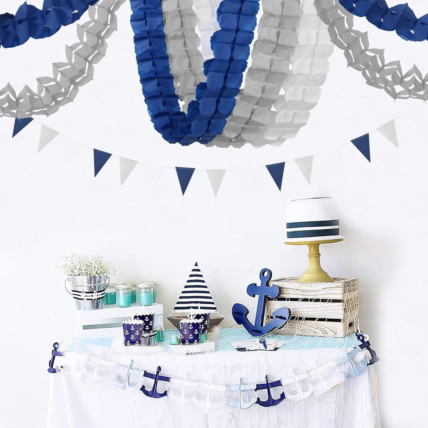 Navy-Blue White-Silver Party-Decorations Streamers Garland - 12pcs Royal Graduation 2025 4-Leaf Clover Paper Streamer Men Boy Birthday Wedding Bridal Shower Flower Banners Fathers Day Decor Ouruola