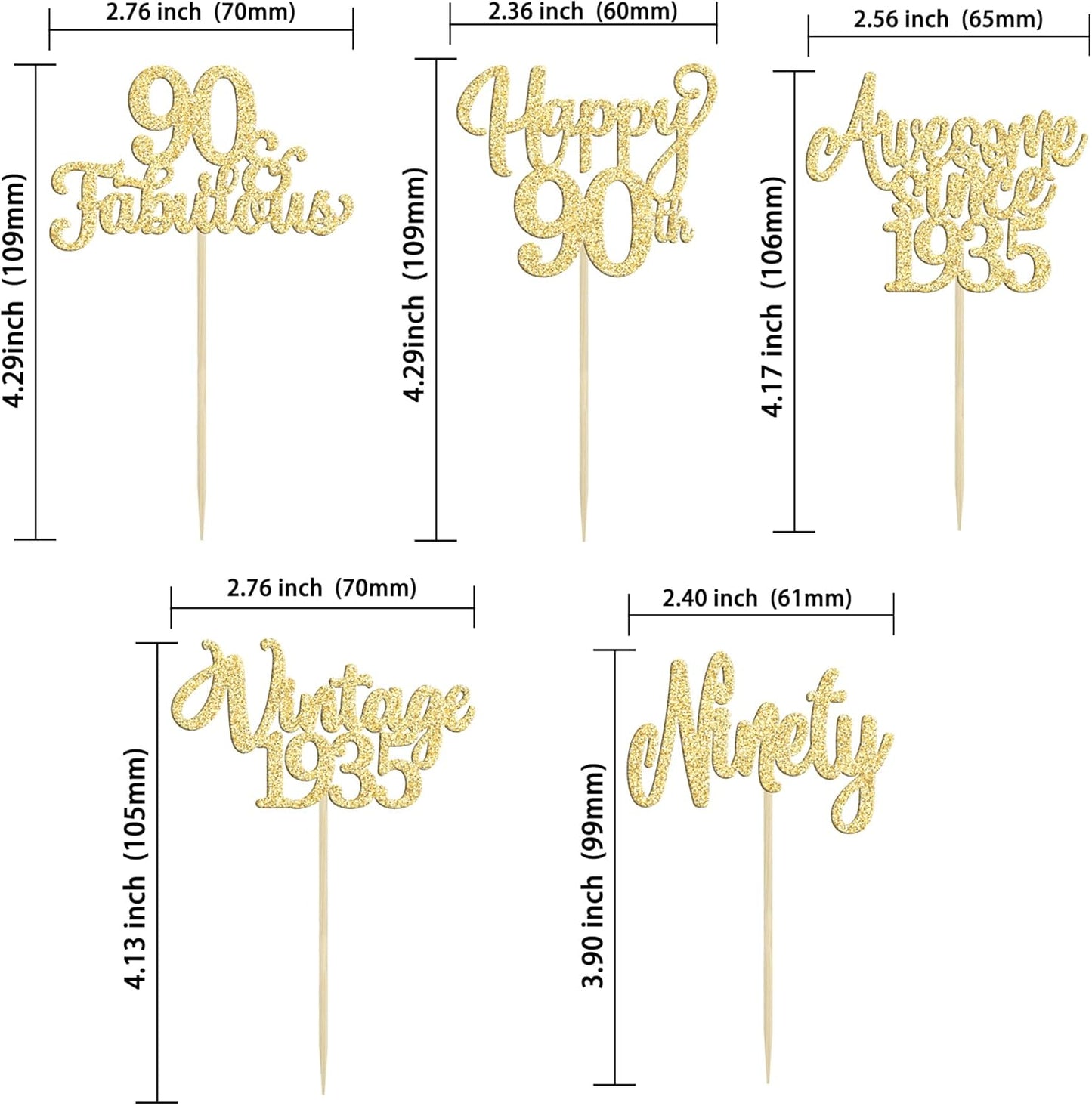 30Pcs Vintage 1935 Cupcake Toppers Glitter Ninety Happy 90th Birthday 90 Fabulous Cupcake Picks Awesome Since 1935 Cake Decorations for 90th Birthday Anniversary Retirement Party Supplies Gold