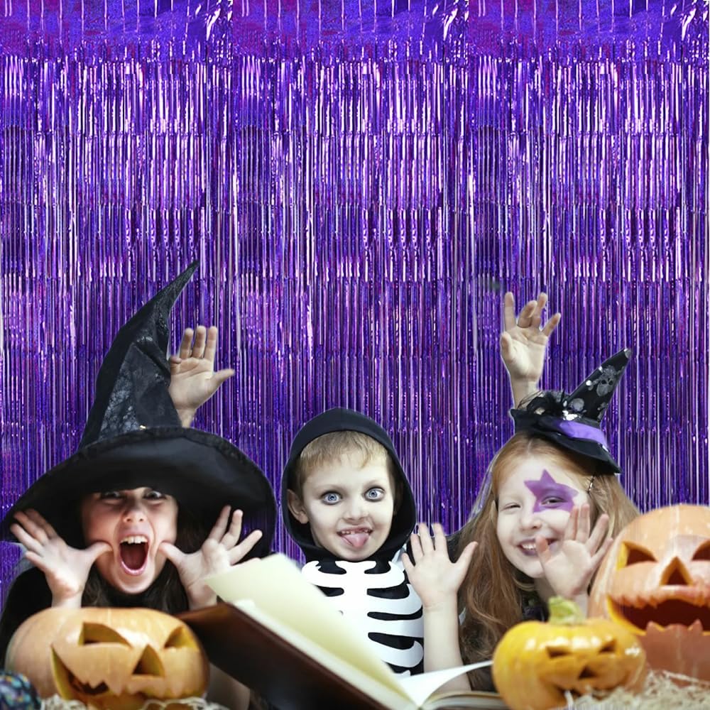 TONIFUL 3Pcs Laser Purple Door Streamers,Laser Purple Photo Booth Backdrop Metallic Streamers Foil Fringe Curtains for Halloween,Birthday,Christmas,New Year,Bachelorette,Grad Party(9.9ft x 6.6ft)