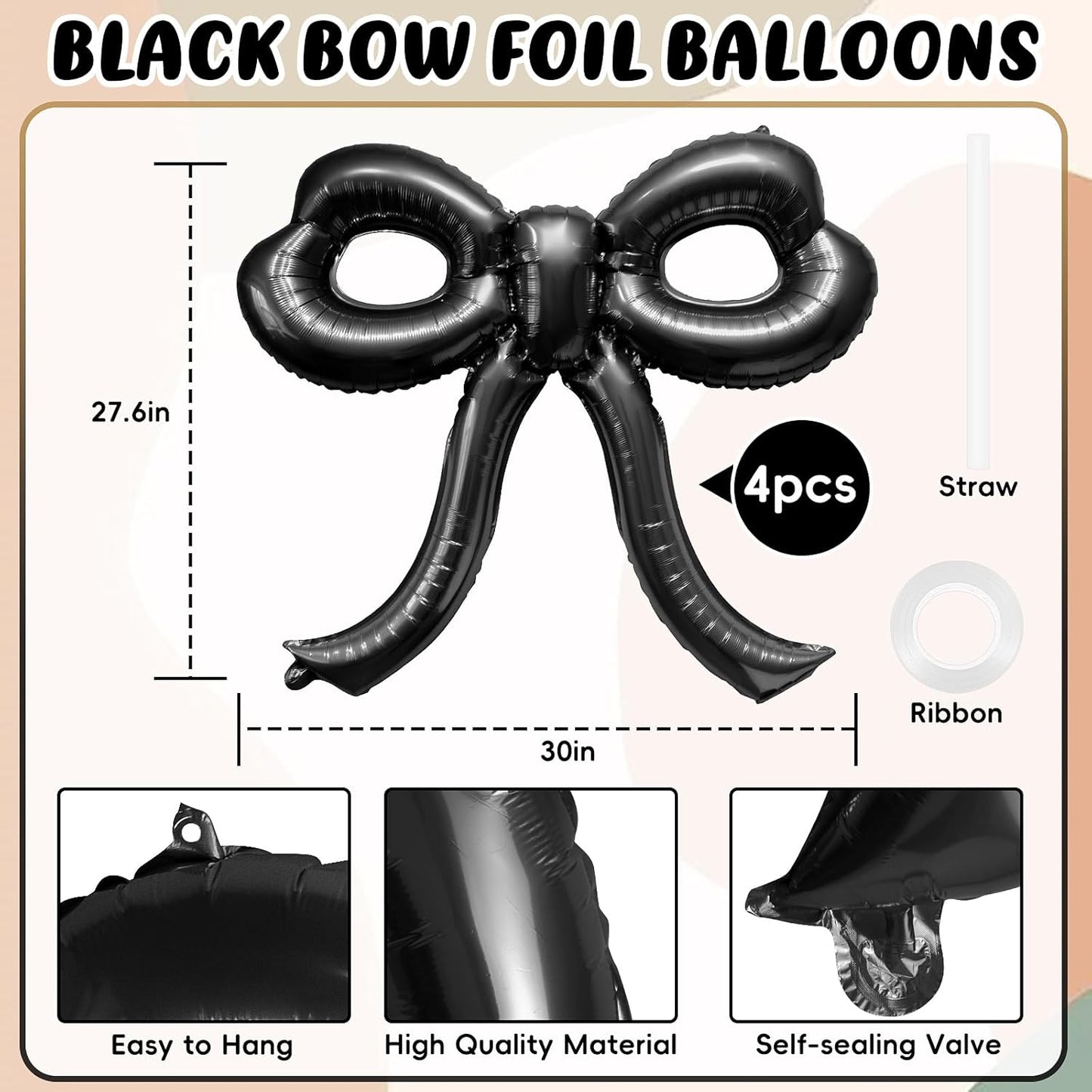 4 Pcs Bow Birthday Decorations Black Bow Balloons Bow Party Decorations Giant Foil Balloon for Girl Women Baby Shower Bridal Engagement Wedding Decor Bachelorette Party Supplies