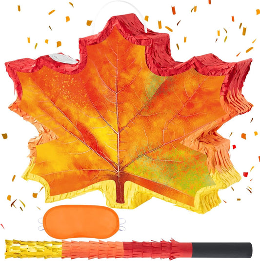 WERNNSAI Fall Leaf Pinata - Maple Leaf Pinata Thanksgiving Party Games for Kids Orange Autumn Hanging Leaves Decor Fall Festival Thanksgiving Family Party Favors with Blindfold