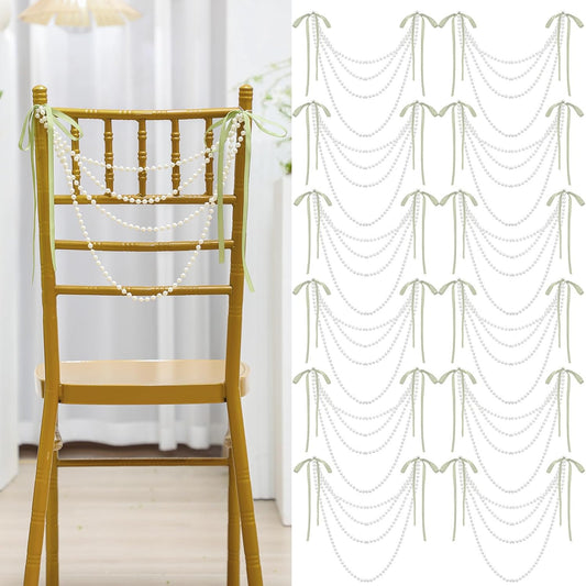 16 Pcs Wedding Pearl Bow Chair Decor Satin Ribbon Bows with Pearl Beaded String Garland Aisle Chair Sashes Decorations for Ceremony Coquette Party Banquet Decor (Sage Green)