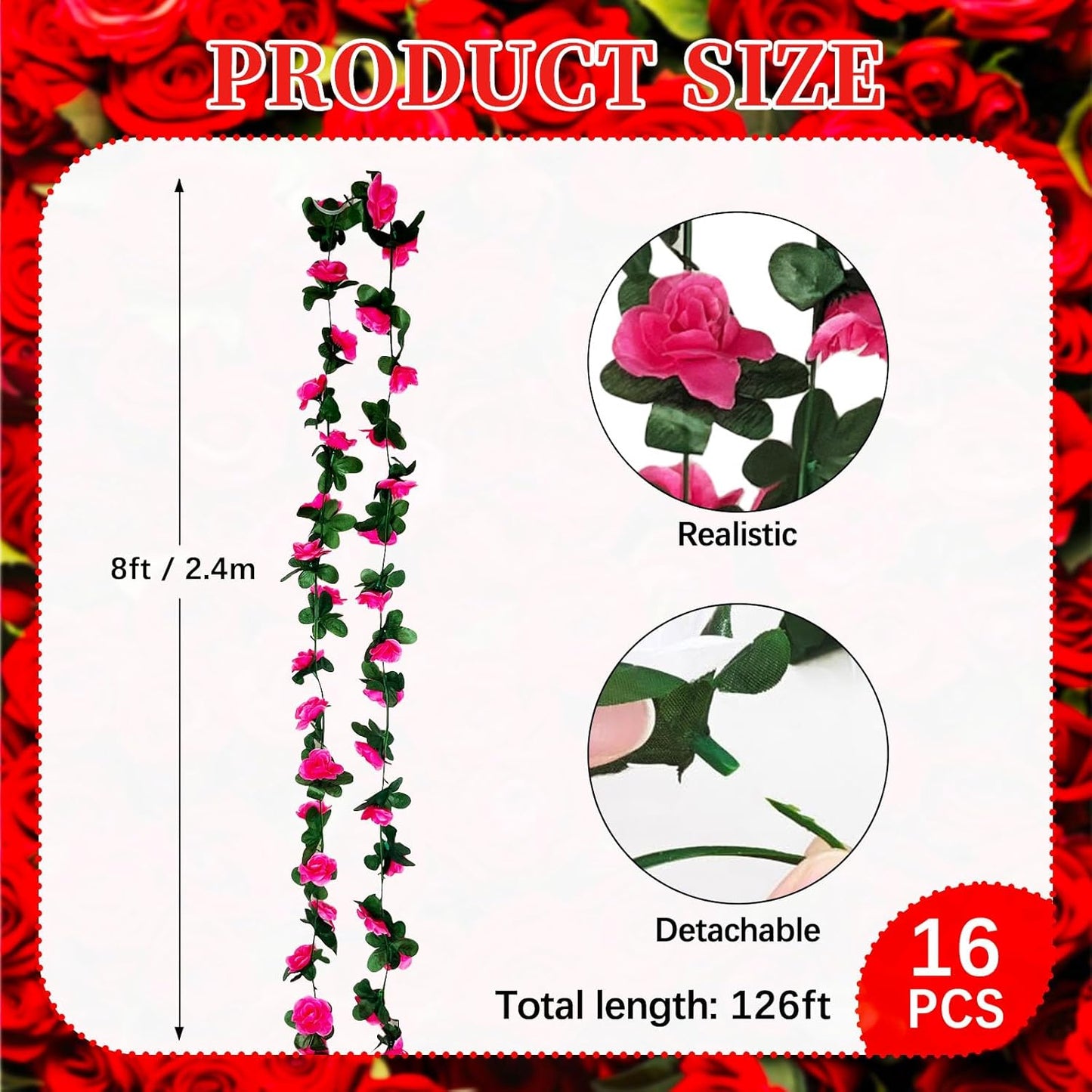 16Pcs 126Ft Fuchsia Rose Garland, Fake Rose Hanging Flowers, Artificial Flower Vine, Hanging Floral Vine Garland for Wedding, Birthday Party, Wall Arch, Halloween, Christmas Garden Backdrop Decor