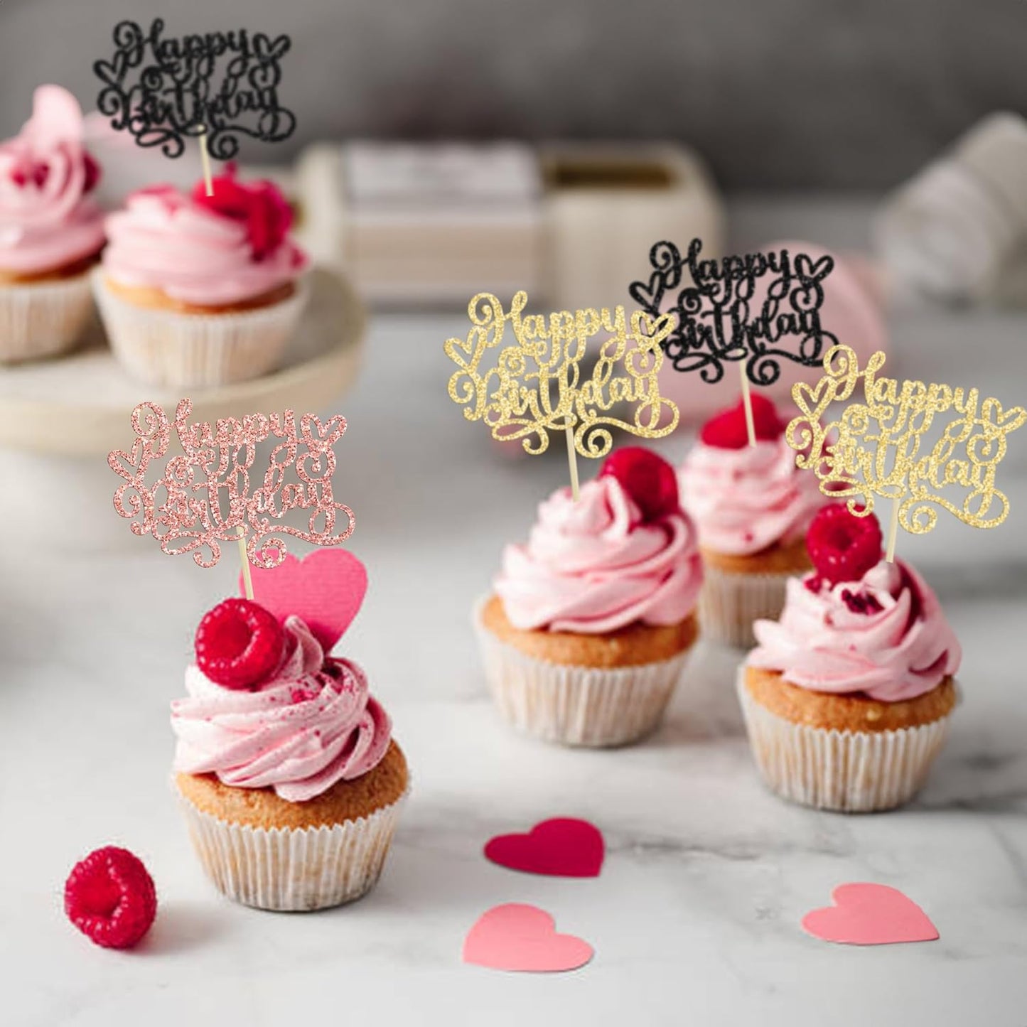 Gyufise 24Pcs Happy Birthday Cupcake Toppers Glitter Happy Birthday Cupcake Picks for Celebrating Happy Birthday Party Decor Anniversary Theme Party Cake Decorations Supplies Black Gold Rose Gold