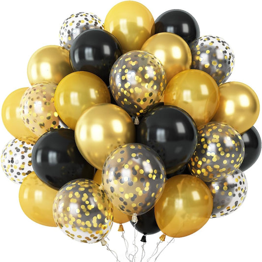 Balloons Gold and Black, 60PCS Black Metallic Chrome Gold Pearly Gold Black Gold Confetti Latex Balloons, Black Gold Birthday Party Balloons for Wedding Baby Shower Anniversary Party Decorations