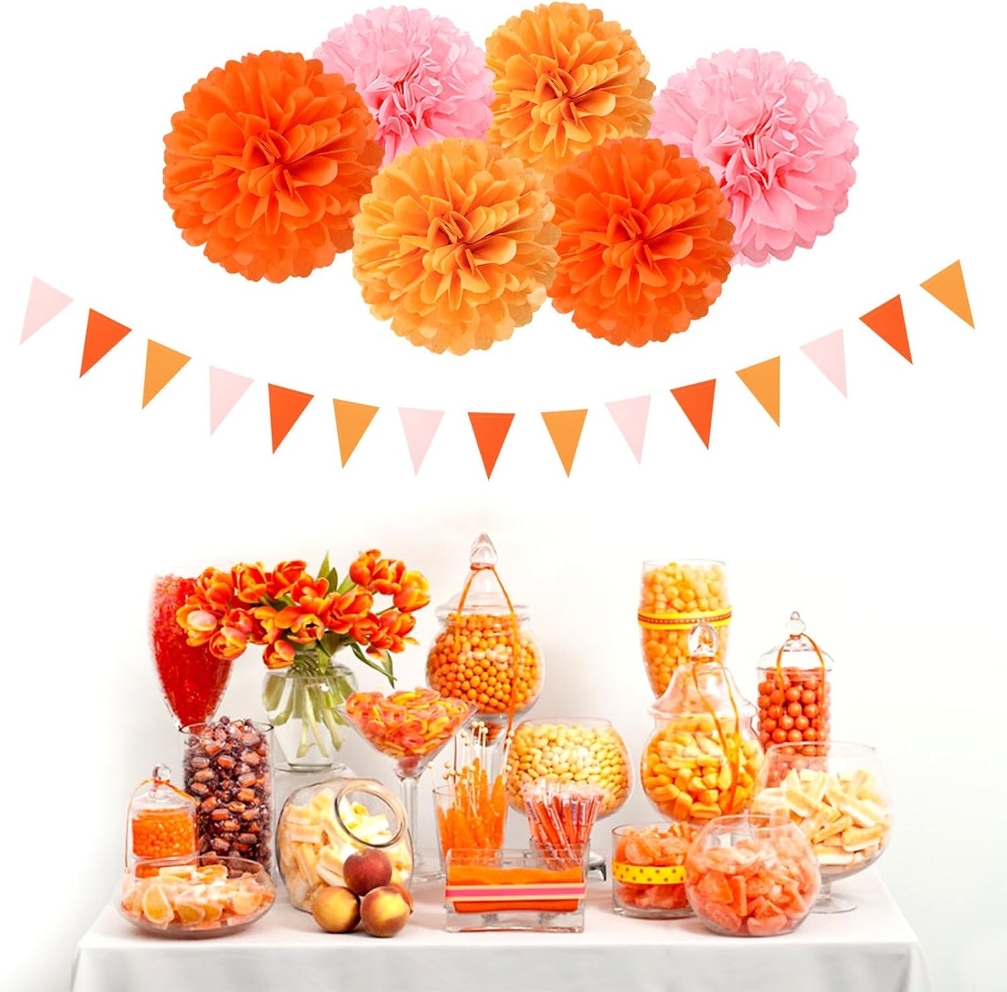 Pink-Orange Groovy Party-Decorations Pom-Poms Streamers - 23pcs Fall Autumn Thanksgiving Harvest Tissue Tassel Garland Banner,Birthday Baby Bridal Shower Engagement Wedding Decor Lasting Surprise